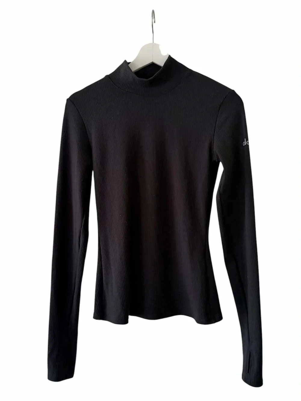 ALO Yoga Black Ribbed Mock Neck Top Thumbholes Size Small